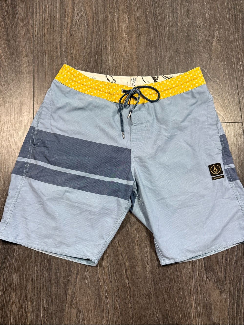 Volcom Men’s Light Blue Board Shorts with Yellow Waistband and Navy Stripes